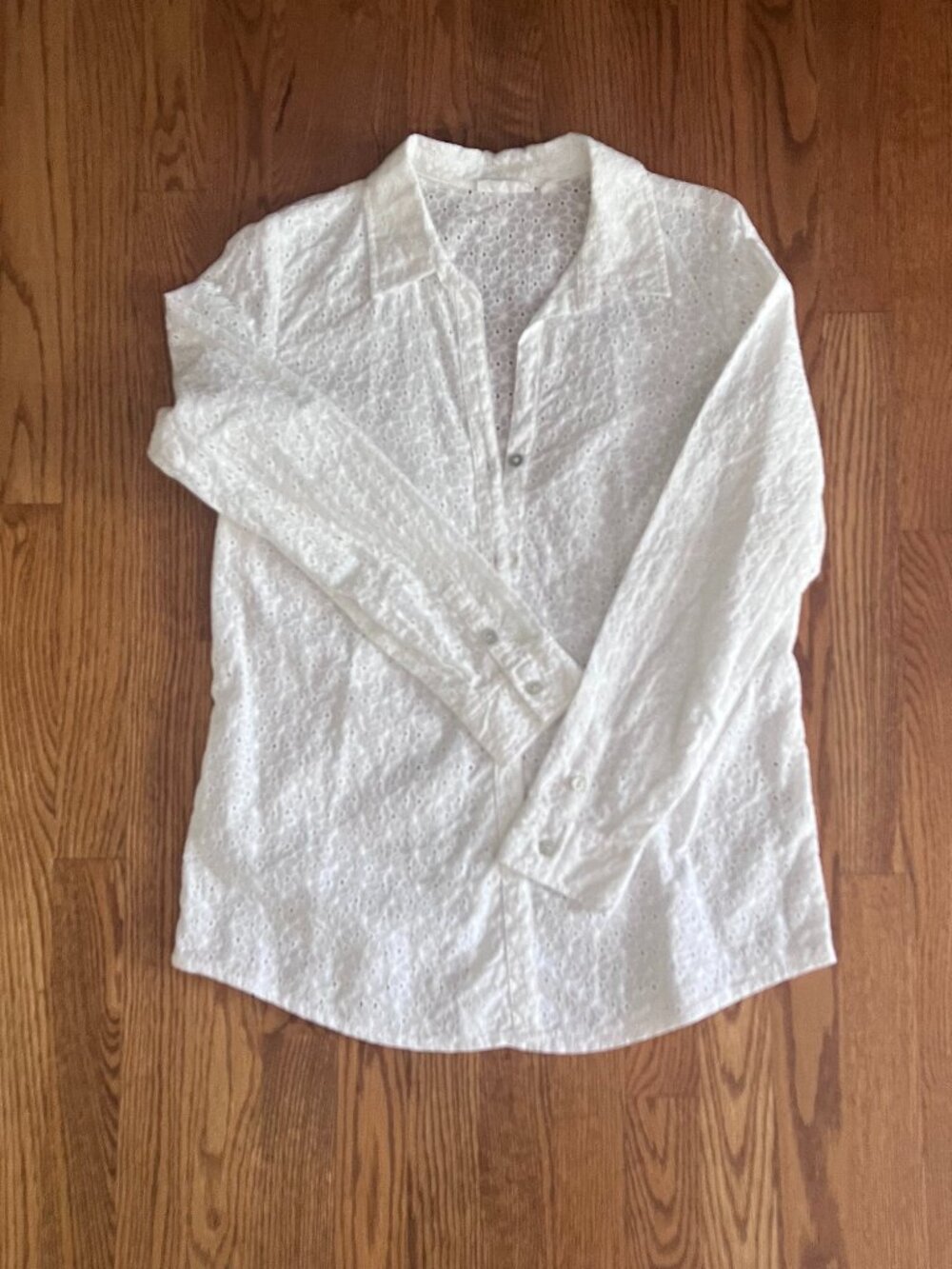 J. Jill White Eyelet long sleeved button down shirt, Size Medium.